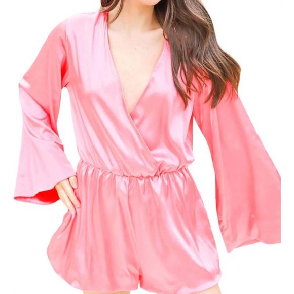 NEW KLESIS satin surplice romper in coral - Picture 4 of 5